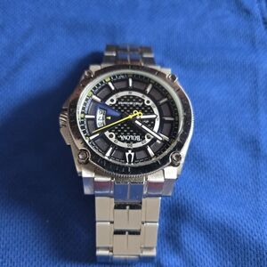 Bulova Black and Silver Men's Watch with Yellow Accents